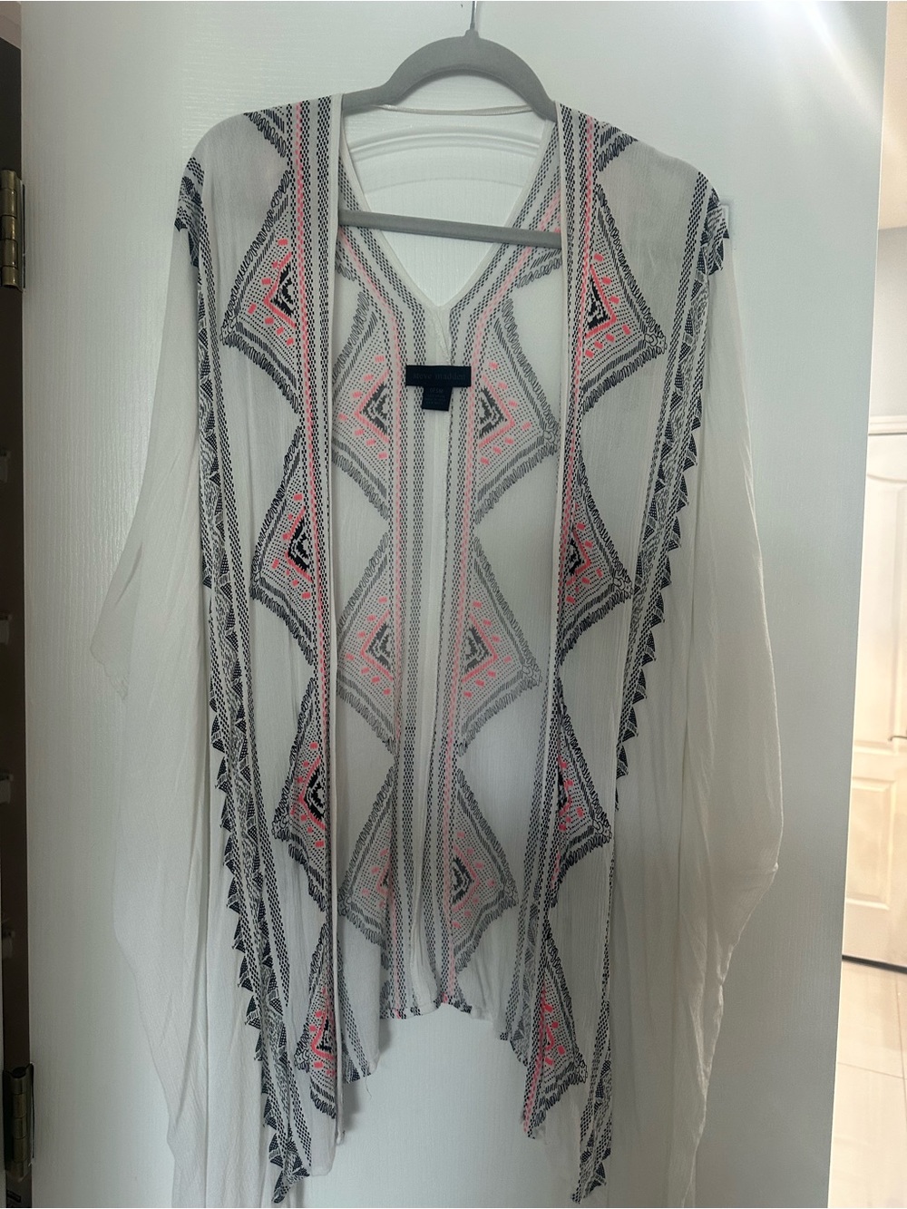 Steve Madden White Sheer Embroidered Kimono Coverup with Pink & Black